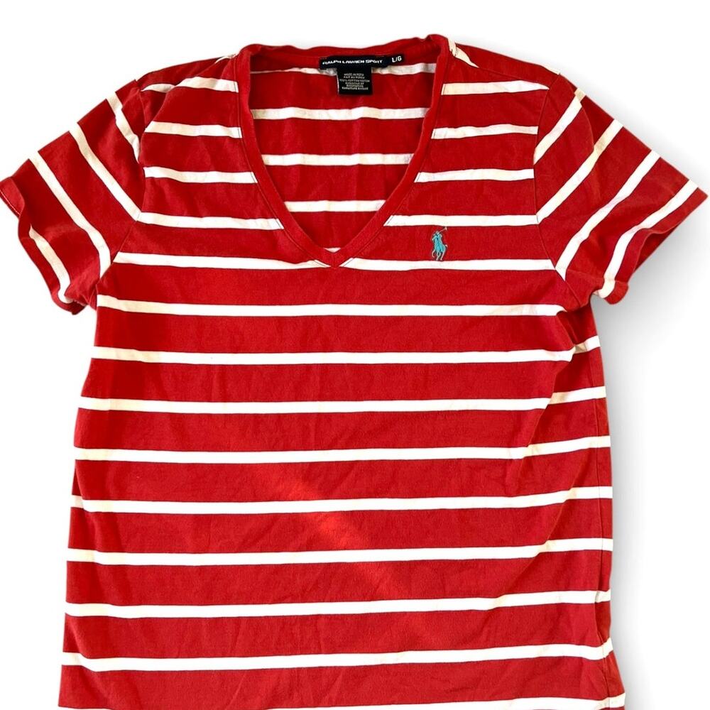 Ralph Lauren Sport V-Neck Red striped top SZ large EUC